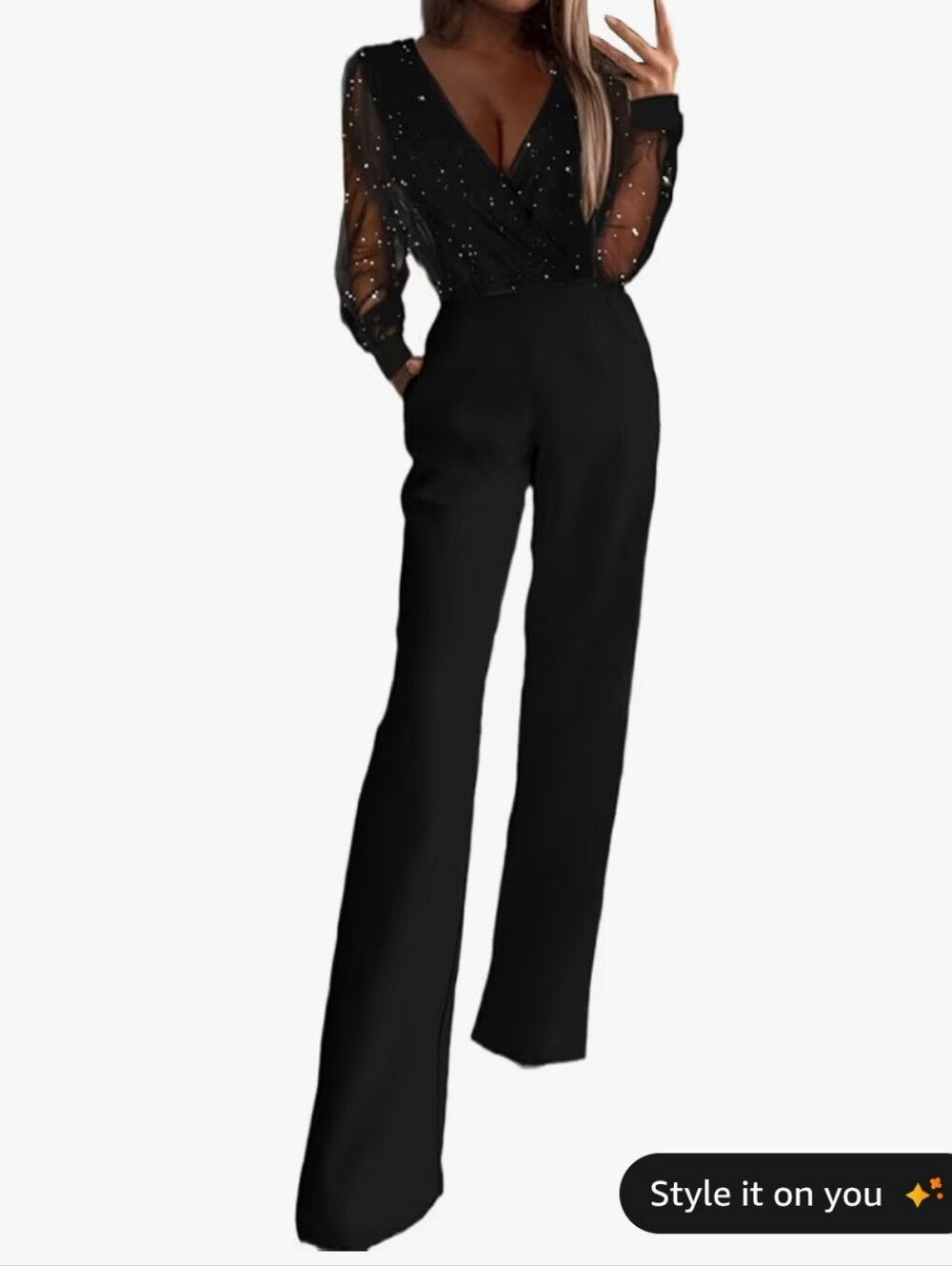 Black Sparkle Sheer-Sleeve Jumpsuit #81